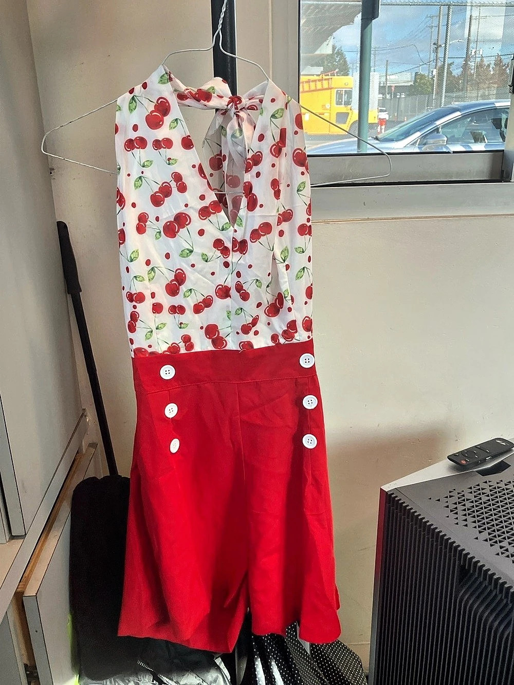 Retro Stage Red 1950s Cherry V-Neck Halter Lace-Up Romper